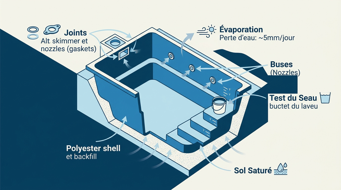 Schéma technique des zones de fuites potentielles sur une piscine coque polyester