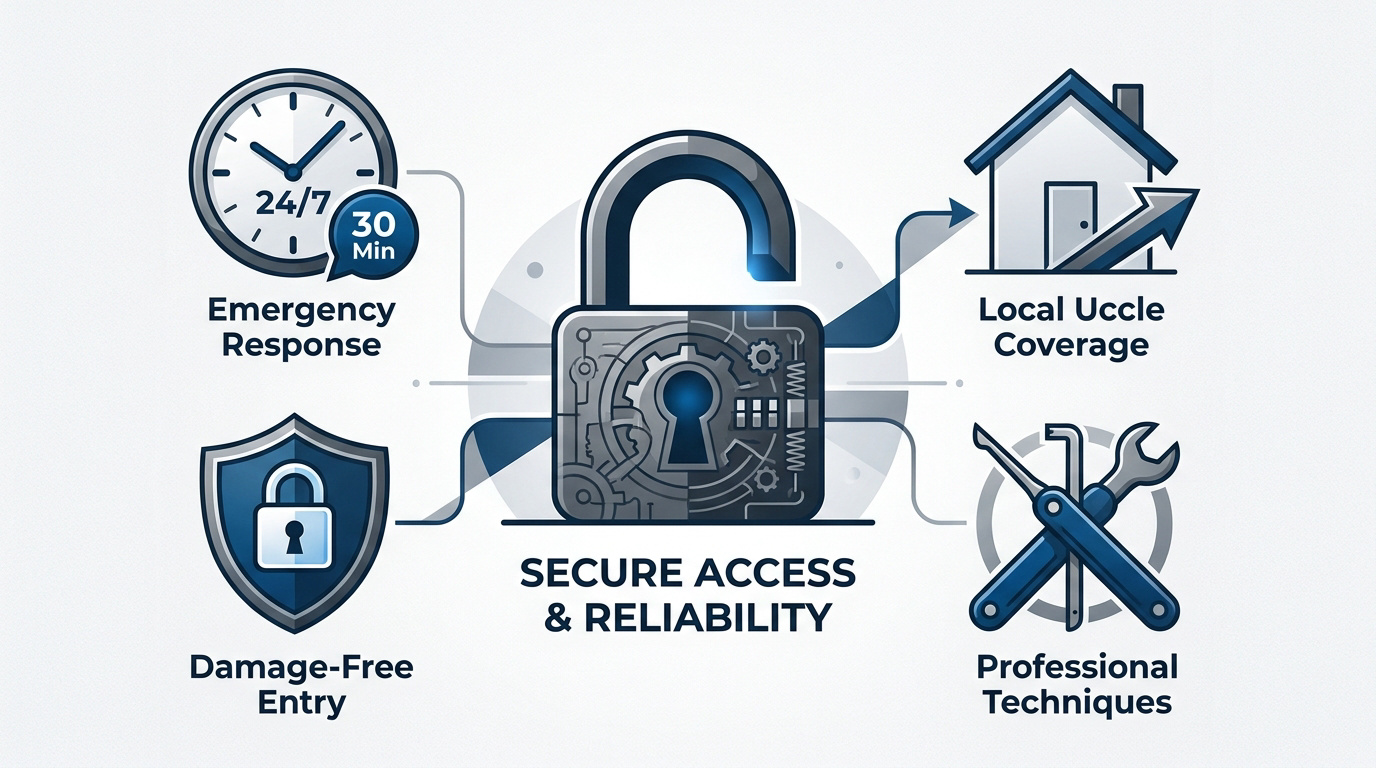 Professional locksmith tools and secure door mechanism illustration