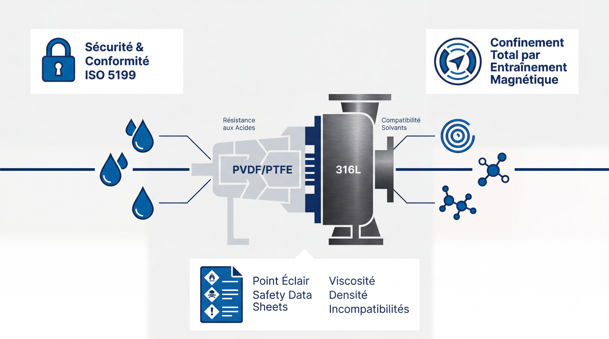 Comparaison des matériaux de pompage PVDF et Inox pour acides et solvants chimiques