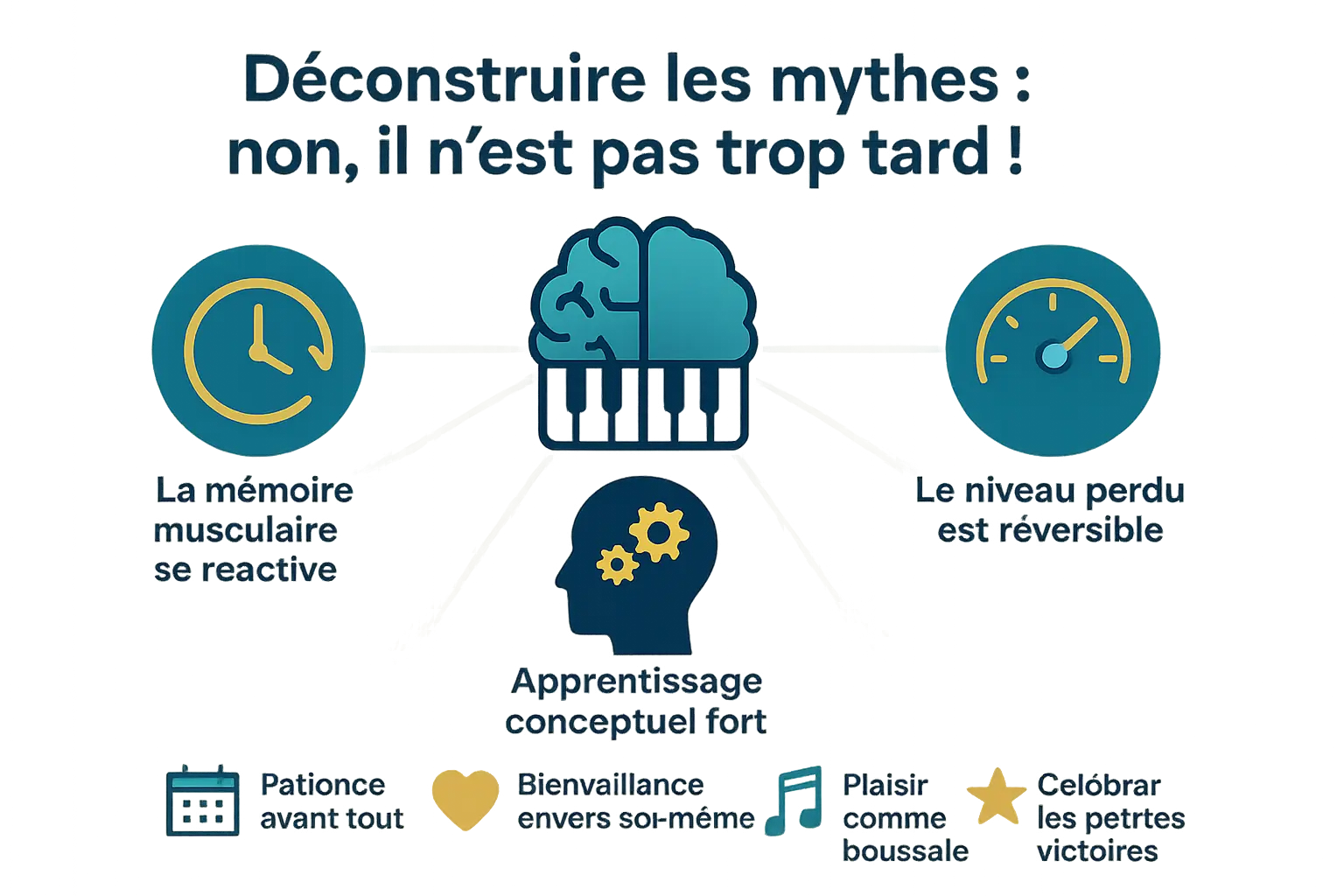 Pianiste adulte révisant les bases avec un professeur