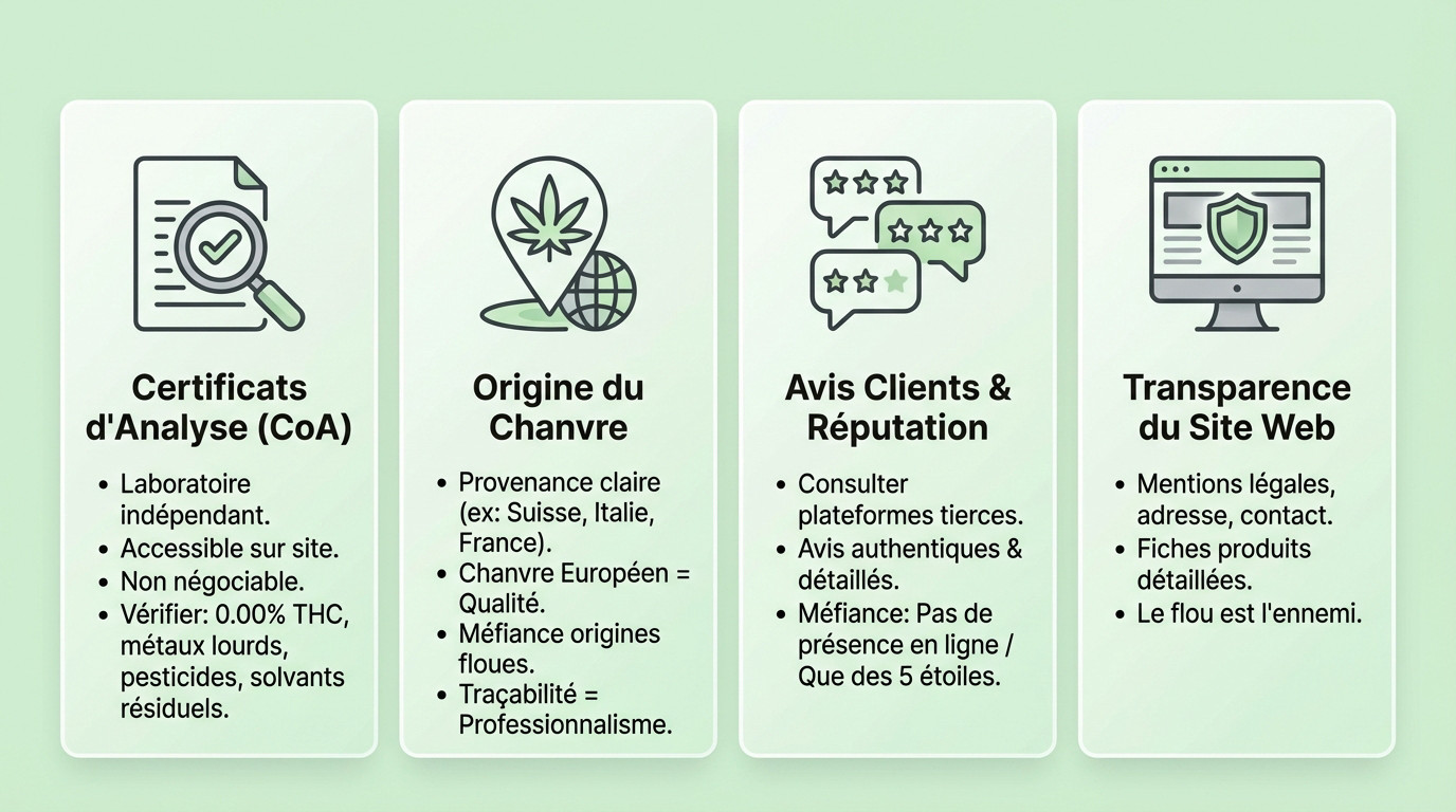 Analyse des critères de fiabilité d'un vendeur de CBD et vérification des certificats