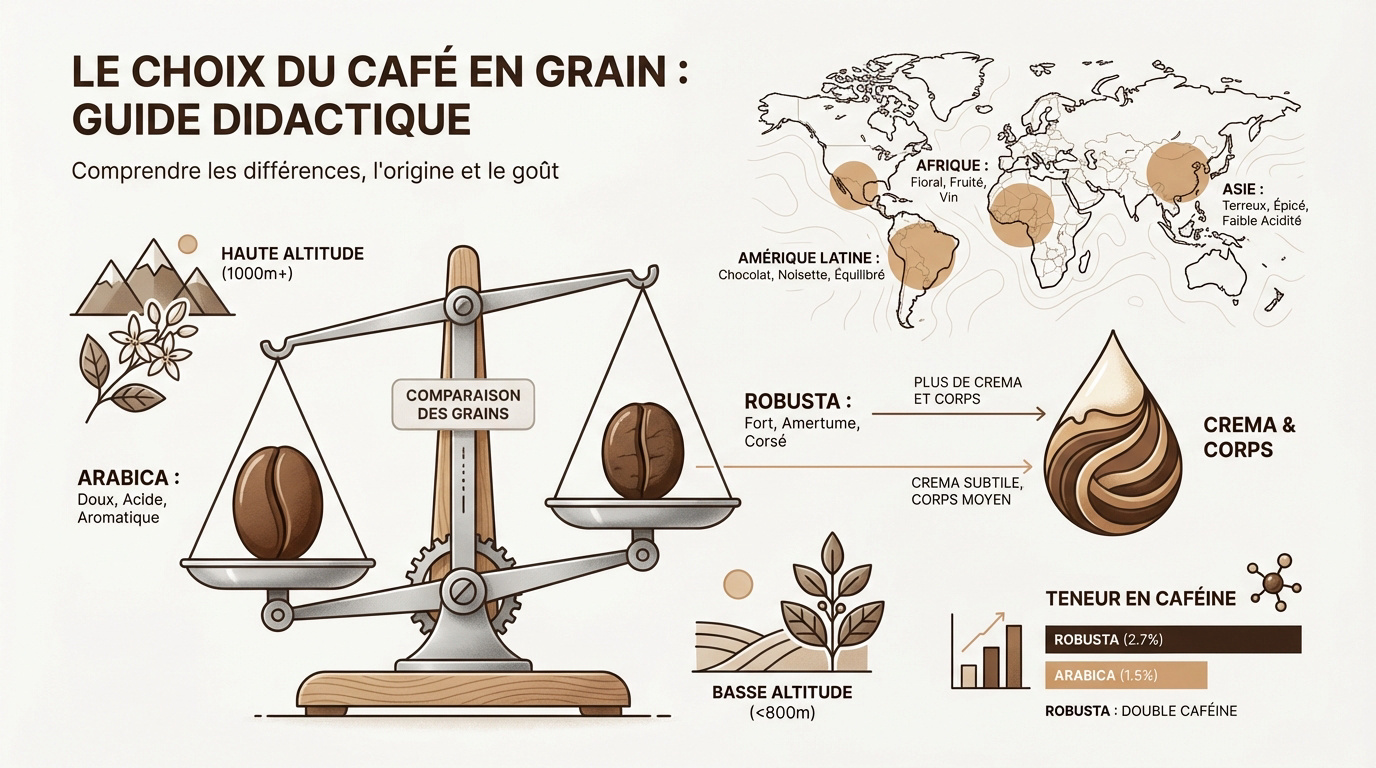 Comparaison visuelle entre un grain de café Arabica allongé et un grain de Robusta plus rond