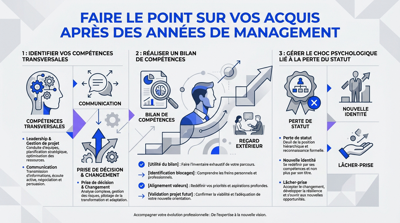 Infographie récapitulative pour faire le bilan de ses acquis managériaux
