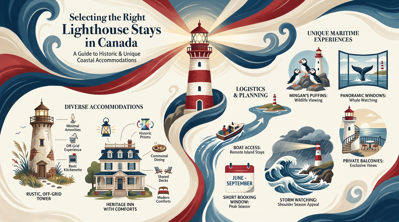 Historic lighthouse accommodation on the rugged Canadian coastline at sunset