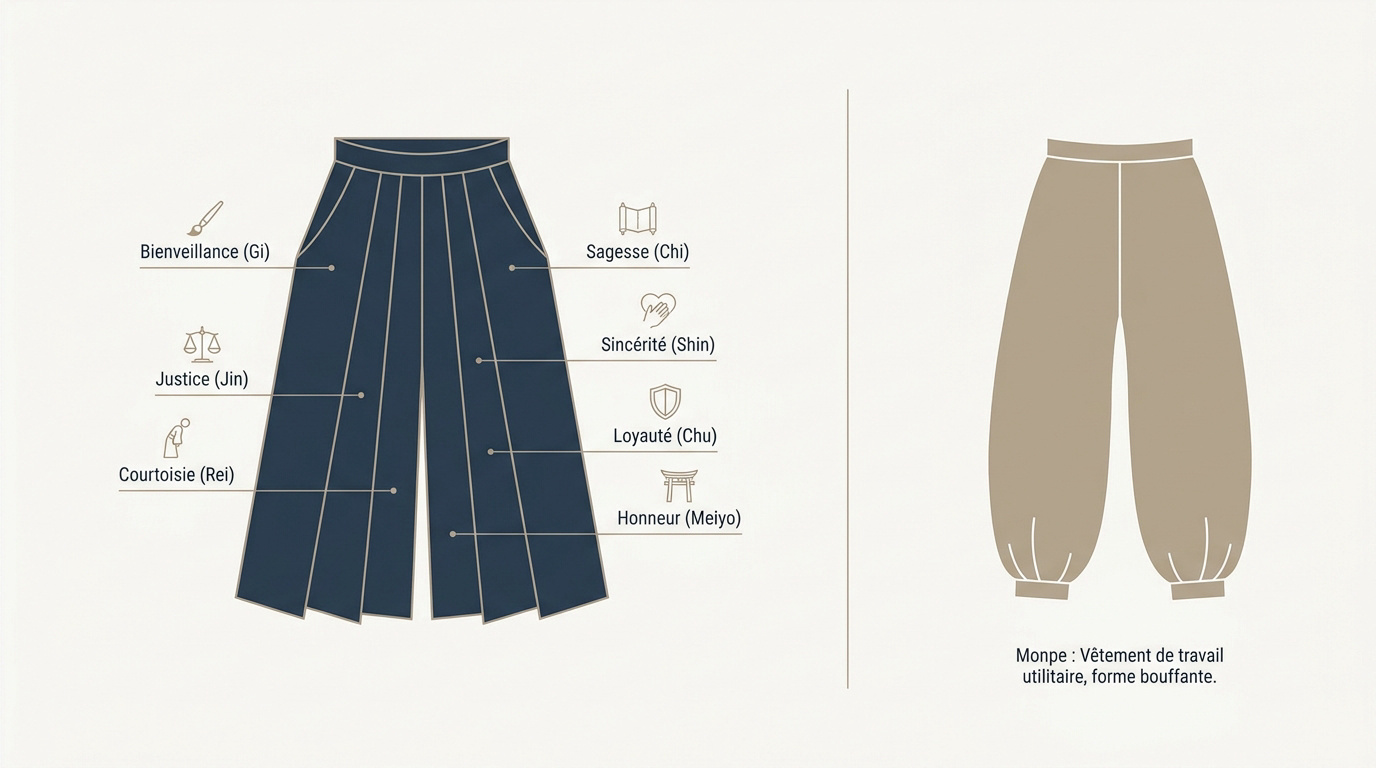 Structure plissée d'un pantalon hakama traditionnel japonais