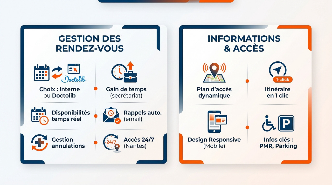 Interface de gestion de rendez-vous médicaux sur smartphone avec plan d'accès à Nantes