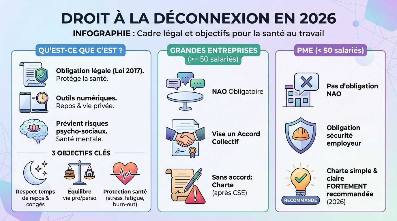 Illustration d'un salarié consultant son smartphone tard le soir, soulignant l'enjeu du droit à la déconnexion en 2026