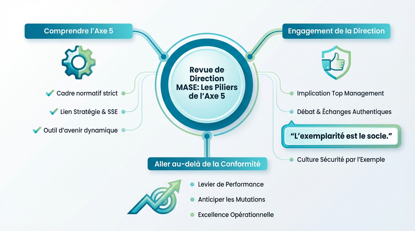 Infographie illustrant les piliers de l'axe 5 du référentiel MASE pour la revue de direction