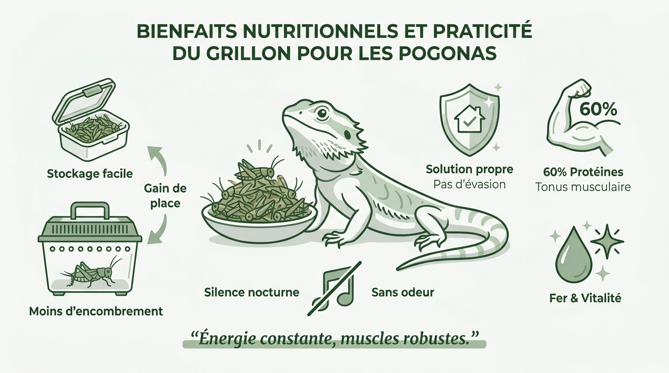 Grillons séchés riches en protéines pour l'alimentation du pogona