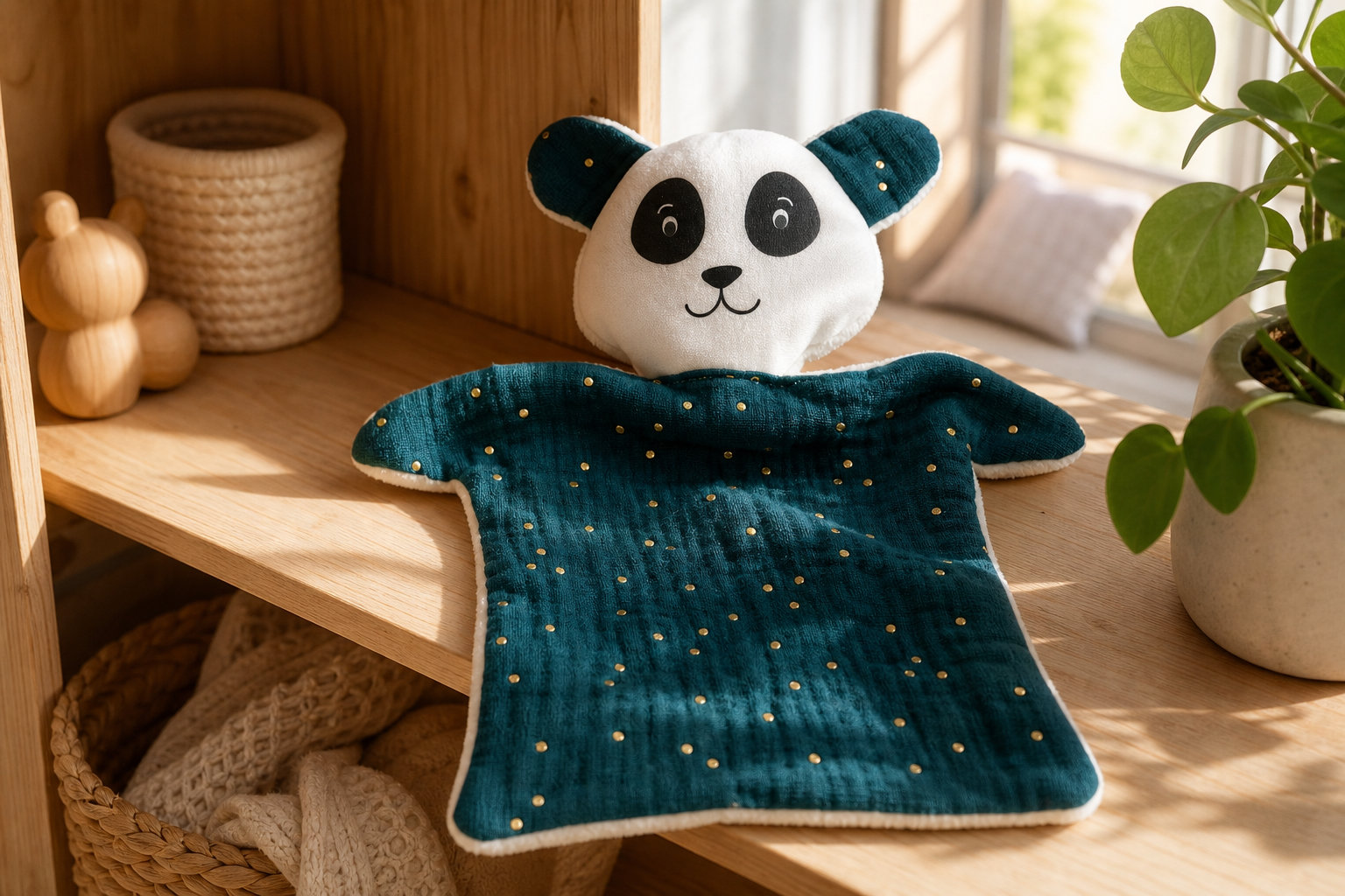 Doudou Panda double gaze bleu pétrole : l'exotisme pour apaiser la séparation