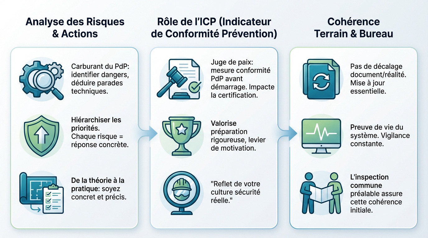 Schéma illustrant l'articulation entre l'analyse des risques et l'ICP dans le référentiel MASE
