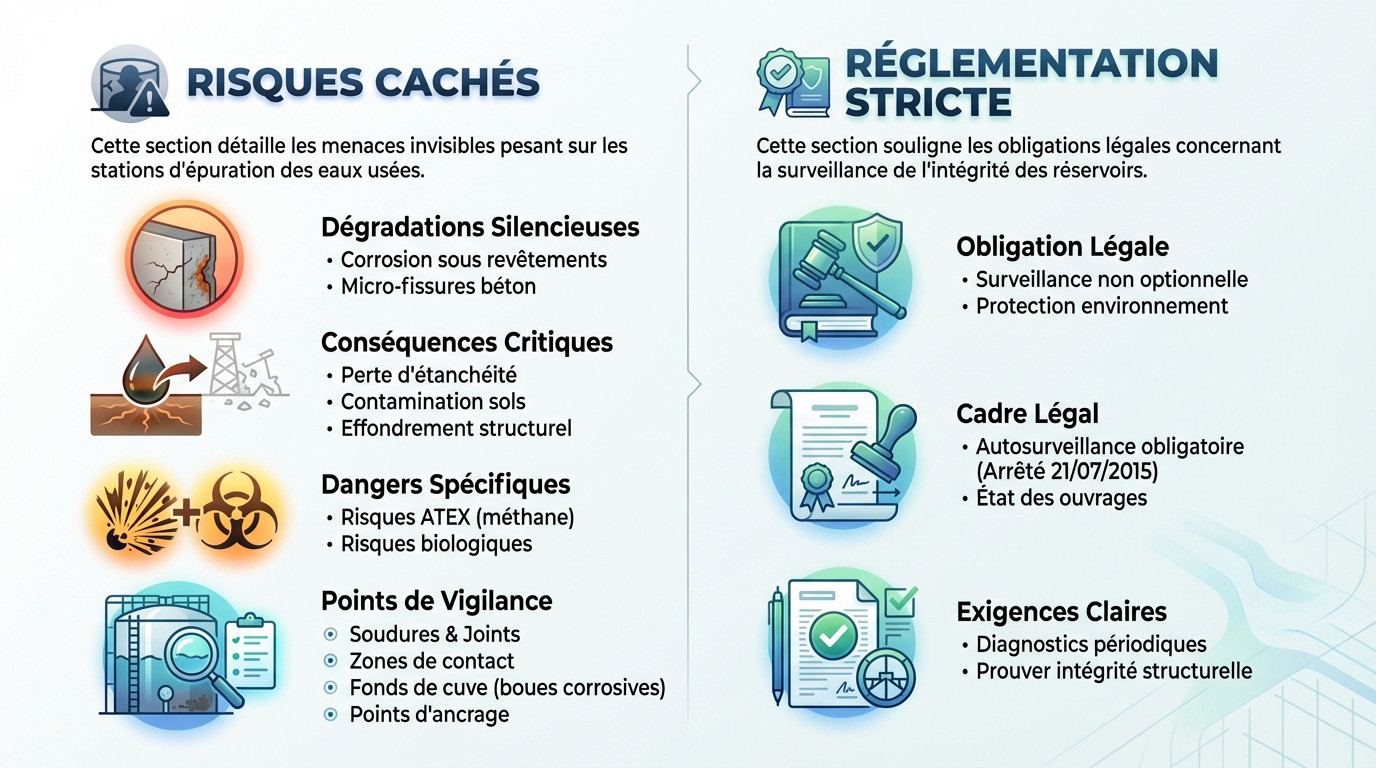 Inspection des risques de corrosion et fissures dans une cuve de station d'épuration