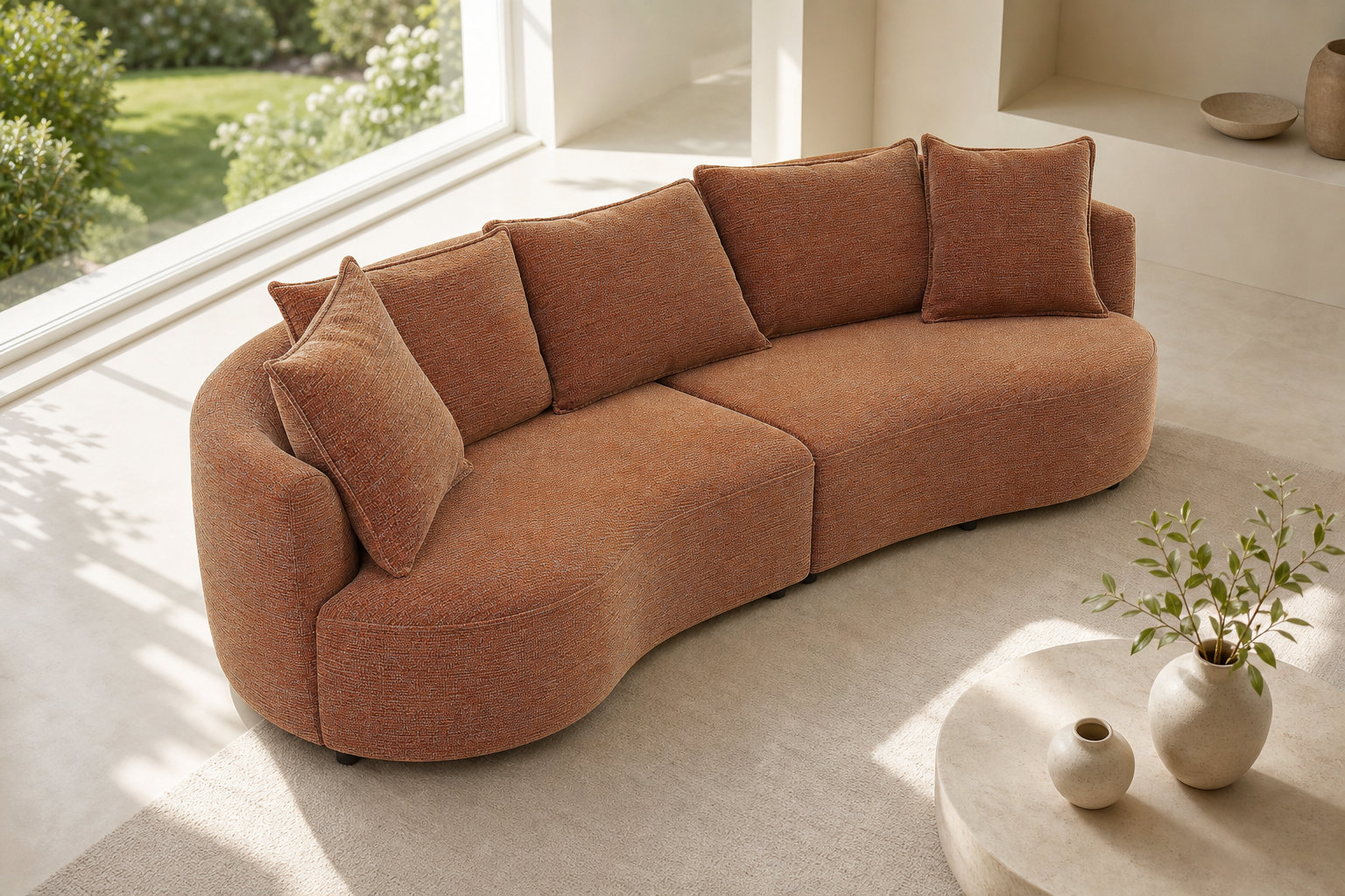 Canapé arrondi 4 places en tissu chenille terracotta - CEPRANO