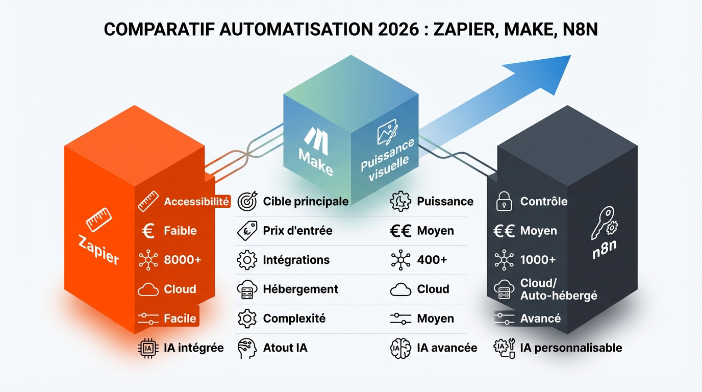 Comparatif visuel des plateformes d'automatisation Zapier, Make et n8n en 2026