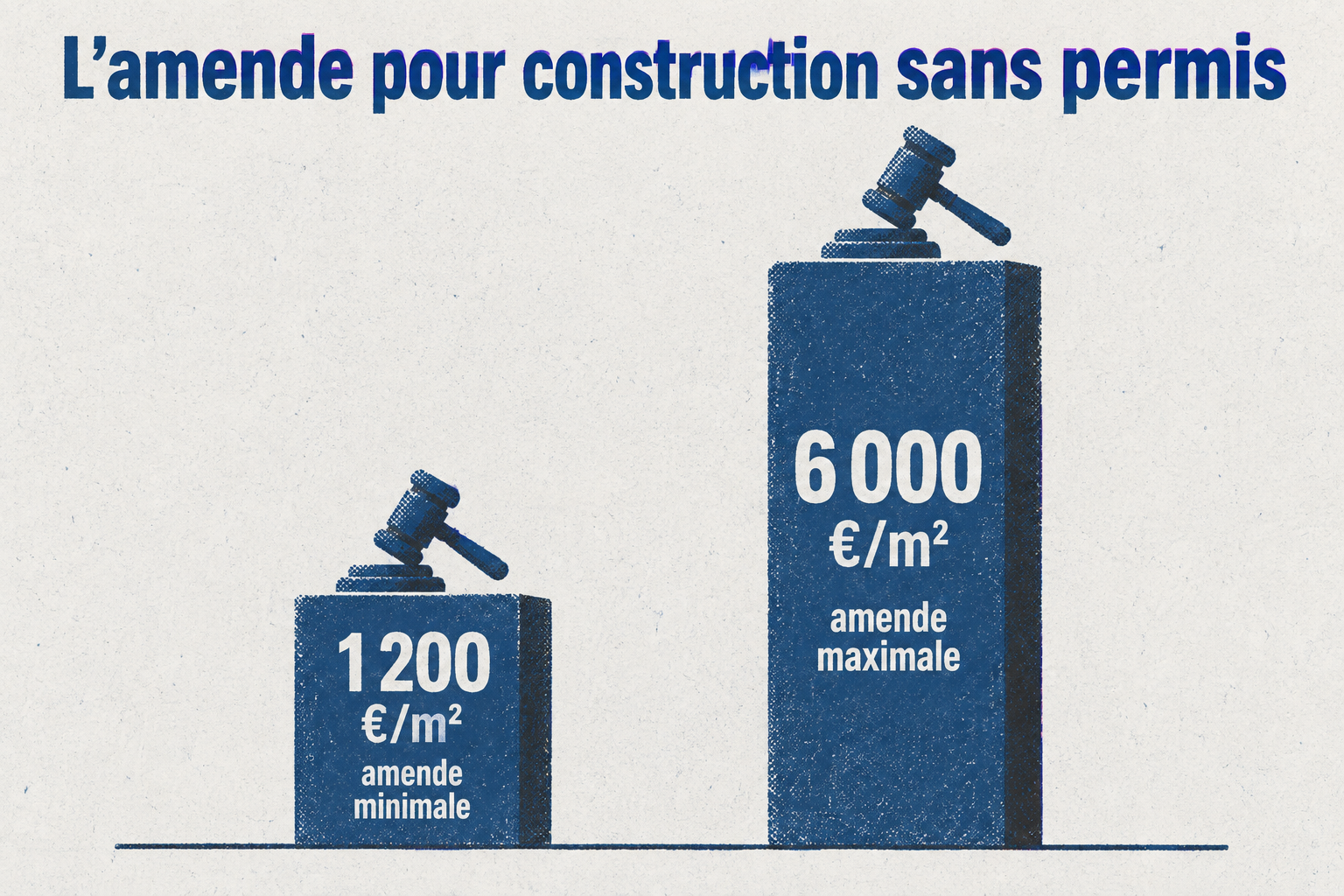 Deux jauges de hauteurs manifestement inégales présentent l'amende pour construction sans autorisation : de 1 200 à 6 000 euros par mètre carré construit irrégulièrement.