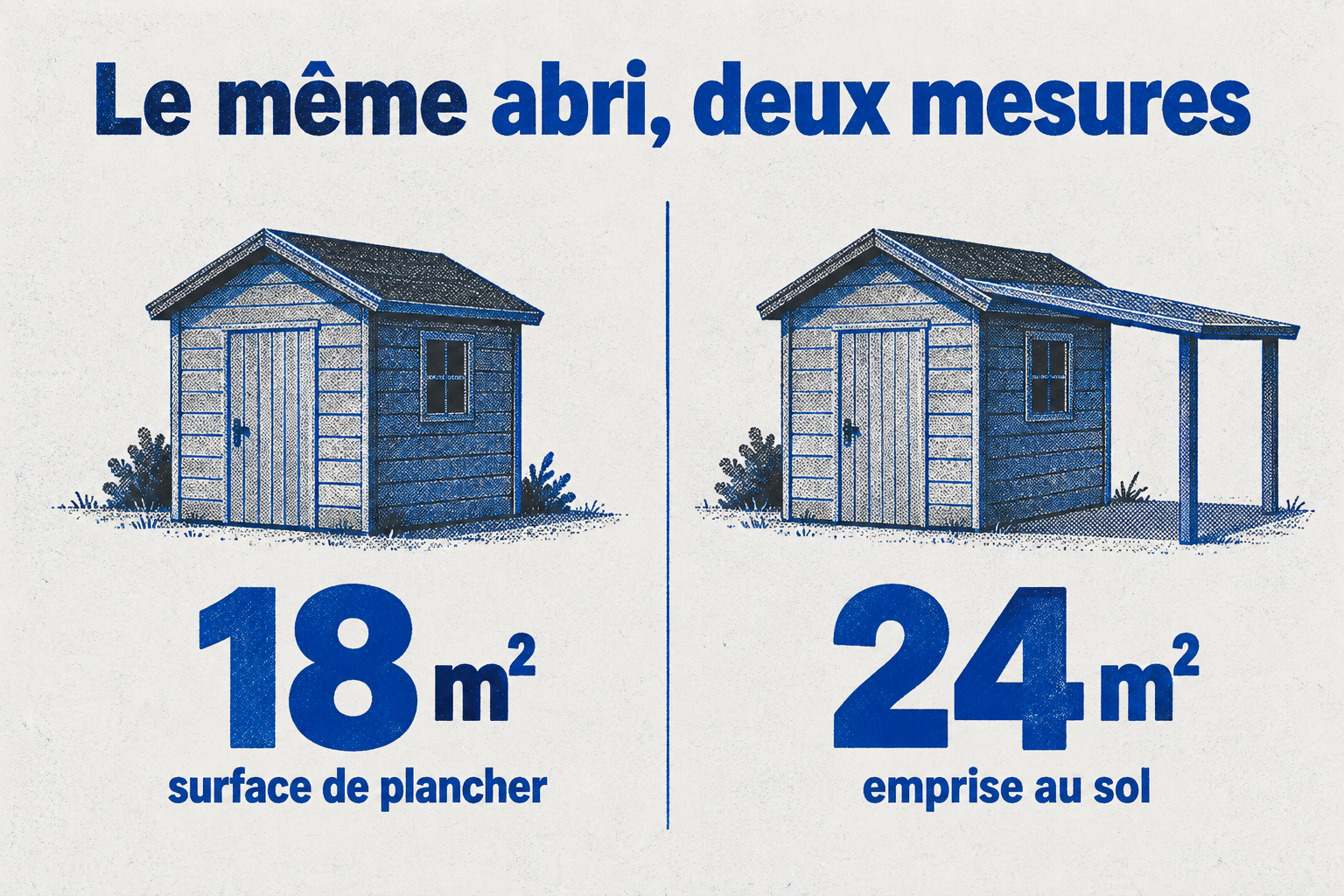 Deux blocs symétriques comparent le même abri : 18 m² de surface de plancher contre 24 m² d'emprise au sol, l'auvent de 6 m² faisant basculer le projet en permis.