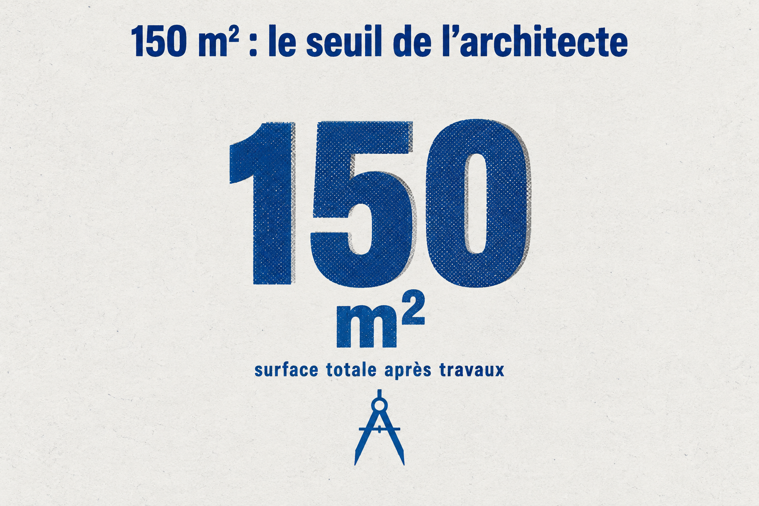 Chiffre unique géant 150 m² indiquant le seuil de surface totale après travaux au-delà duquel le permis de construire et l'architecte deviennent obligatoires.