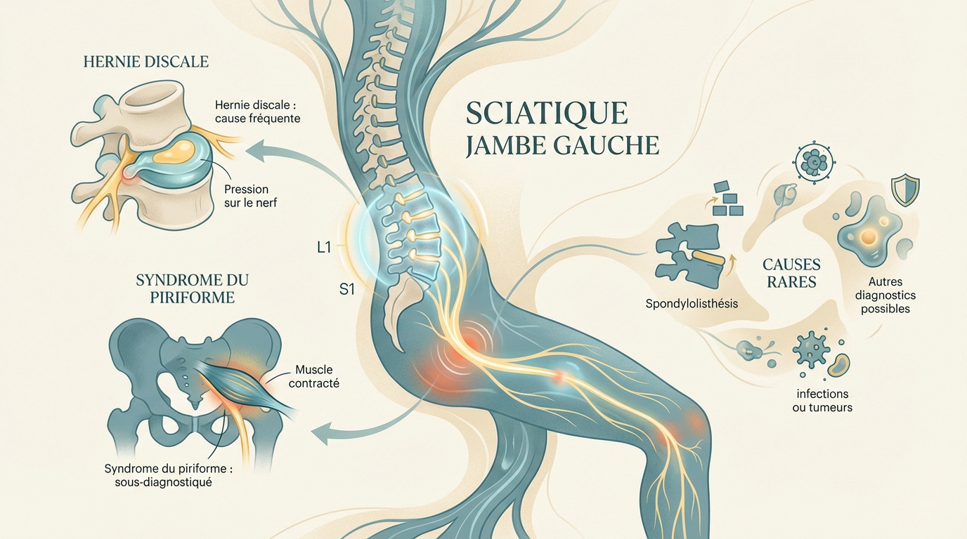 Schéma anatomique de la compression du nerf sciatique gauche par une hernie discale