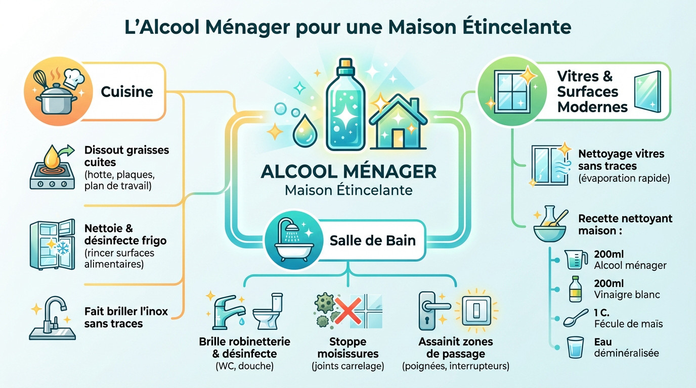 Utilisation de l'alcool m&eacute;nager pour nettoyer et faire briller les surfaces de la maison