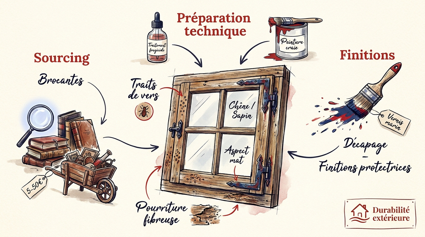 Restauration d'une fenêtre ancienne en bois pour la décoration du jardin