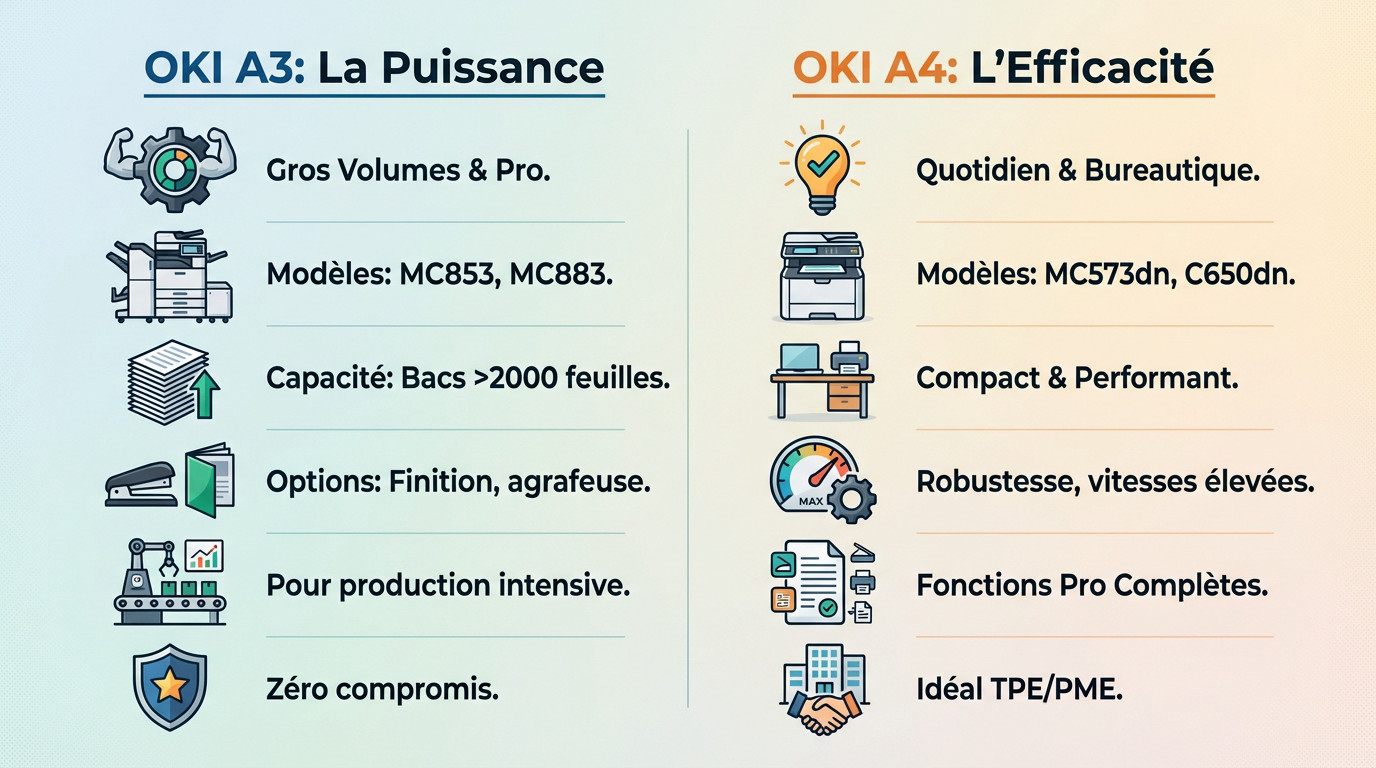 Comparaison gamme imprimante multifonction Oki A3 et A4 pour entreprise