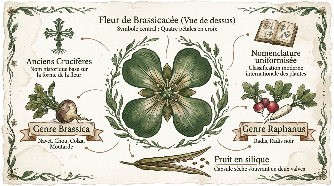Illustration botanique montrant la structure d'une fleur de Brassicacée et sa classification