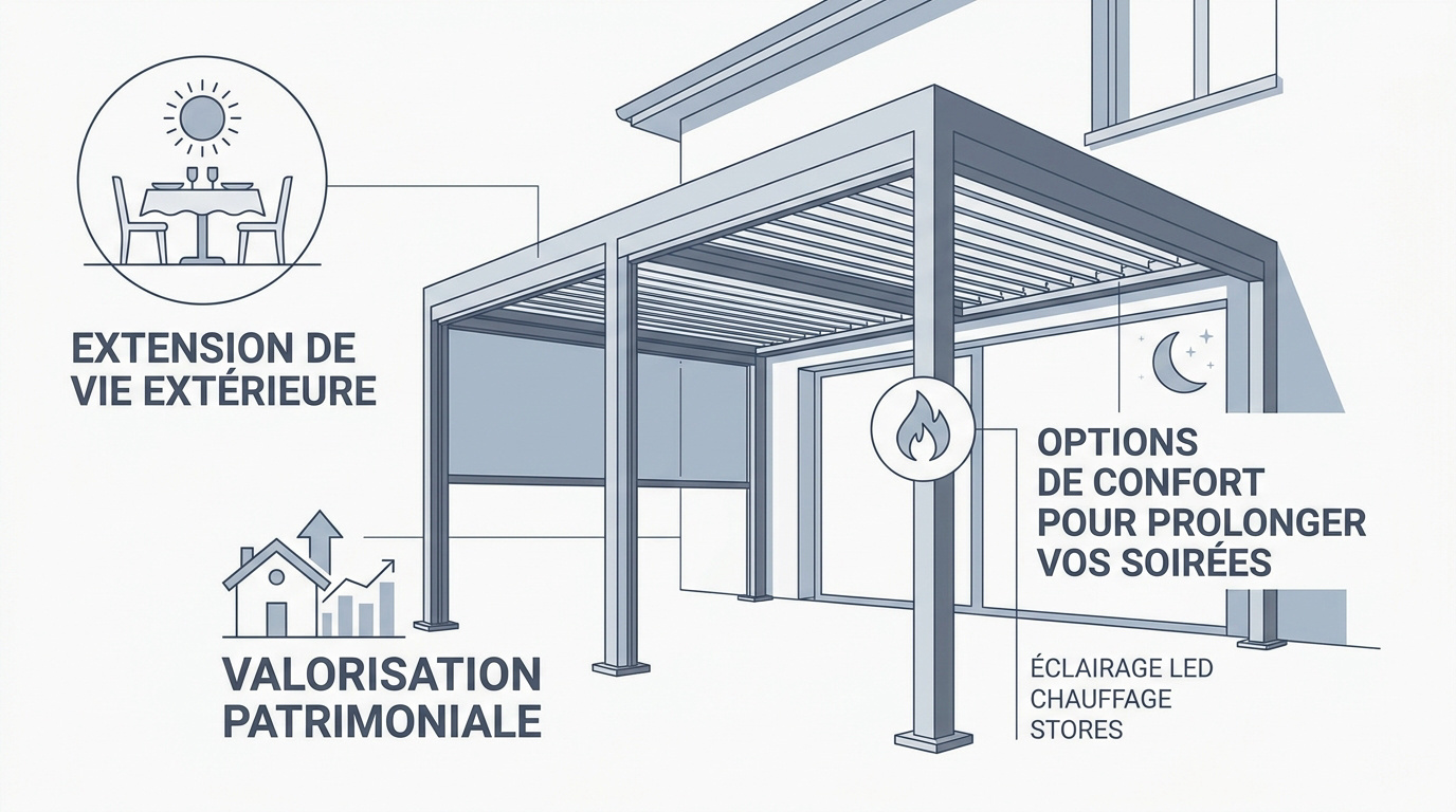 Pergola bioclimatique moderne en aluminium valorisant une terrasse de maison contemporaine