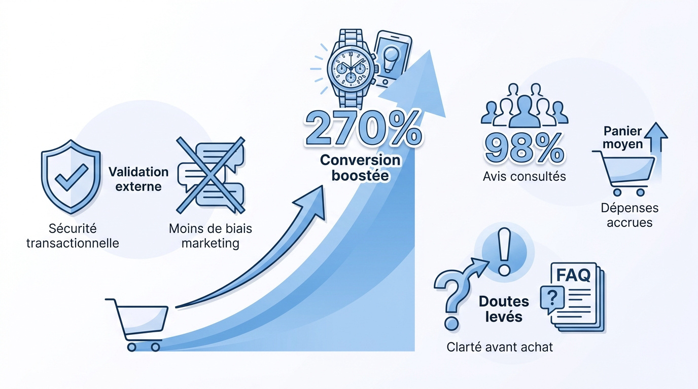 Graphique montrant l'augmentation du taux de conversion grâce à la confiance client générée par les avis vérifiés