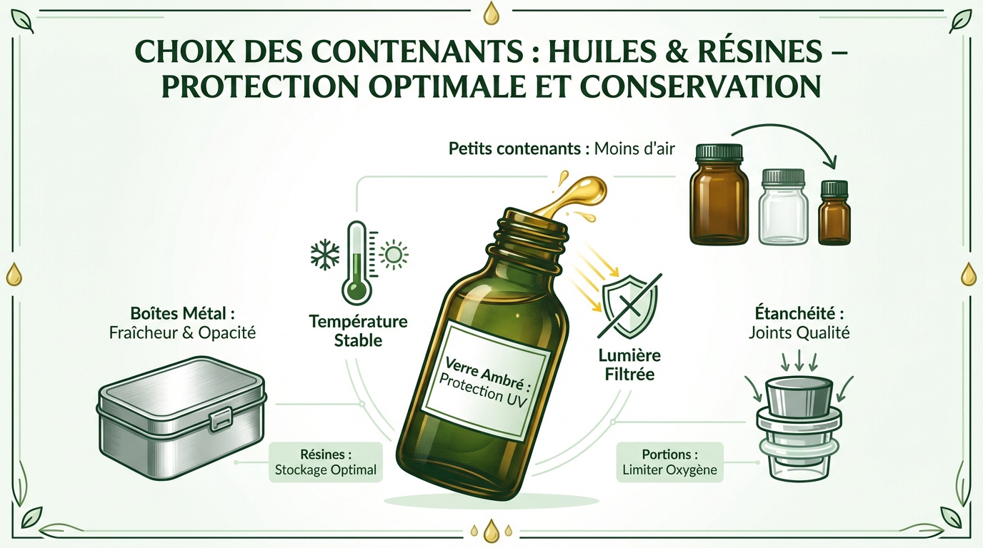 Flacons en verre ambré et boîtes hermétiques pour la conservation du CBD