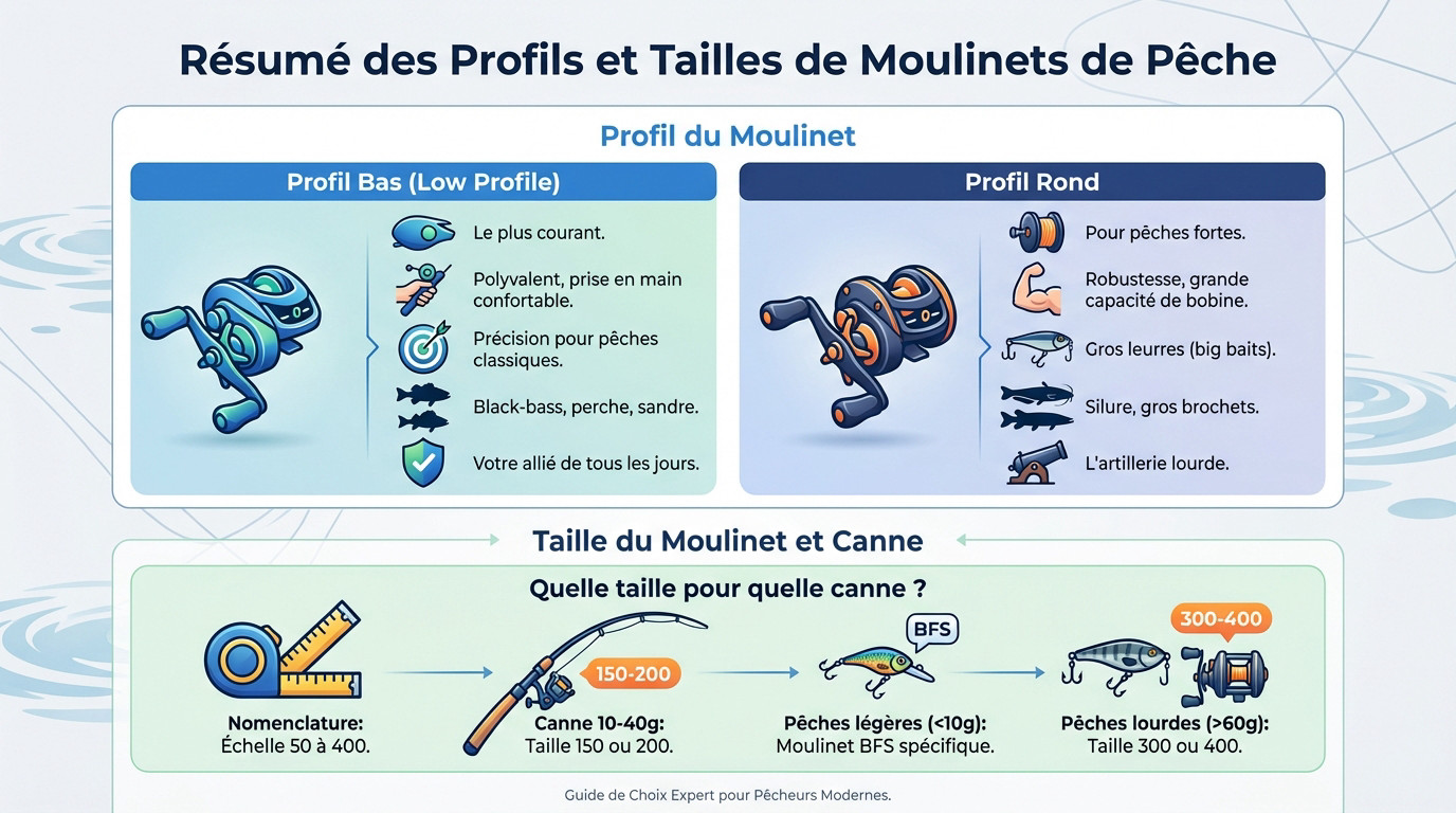 Tableau récapitulatif pour choisir entre profil rond et profil bas selon la taille du leurre