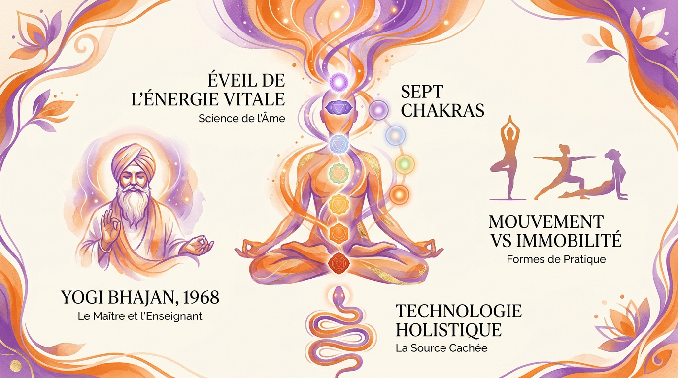Illustration des chakras et de l'éveil de l'énergie kundalini le long de la colonne vertébrale