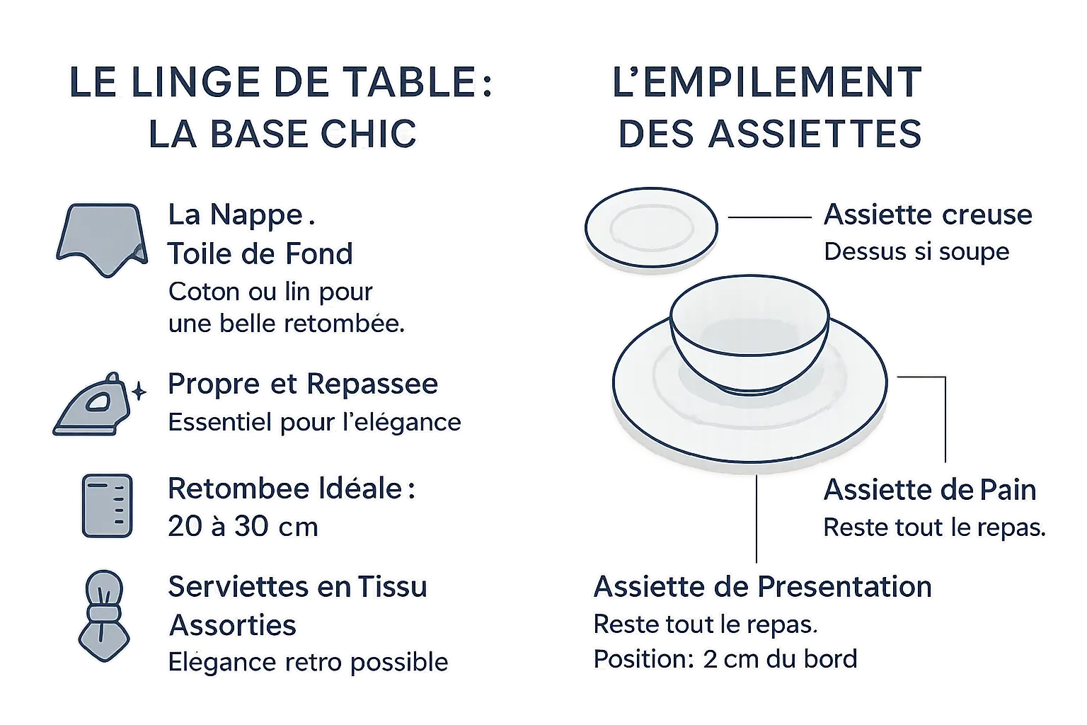 Exemple de table élégamment dressée avec nappe, assiettes empilées et détails décoratifs