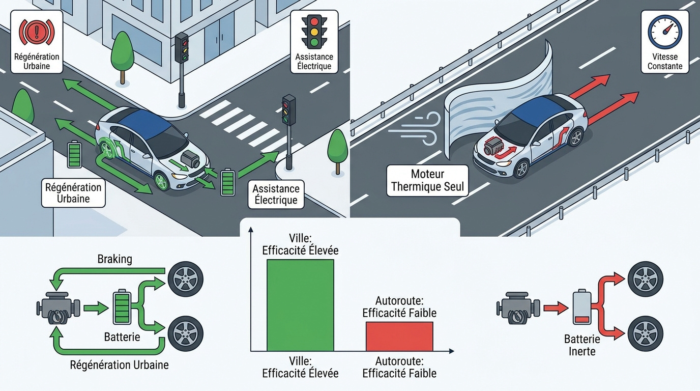 Comparaison de l'efficacité énergétique d'une voiture hybride entre la ville et l'autoroute