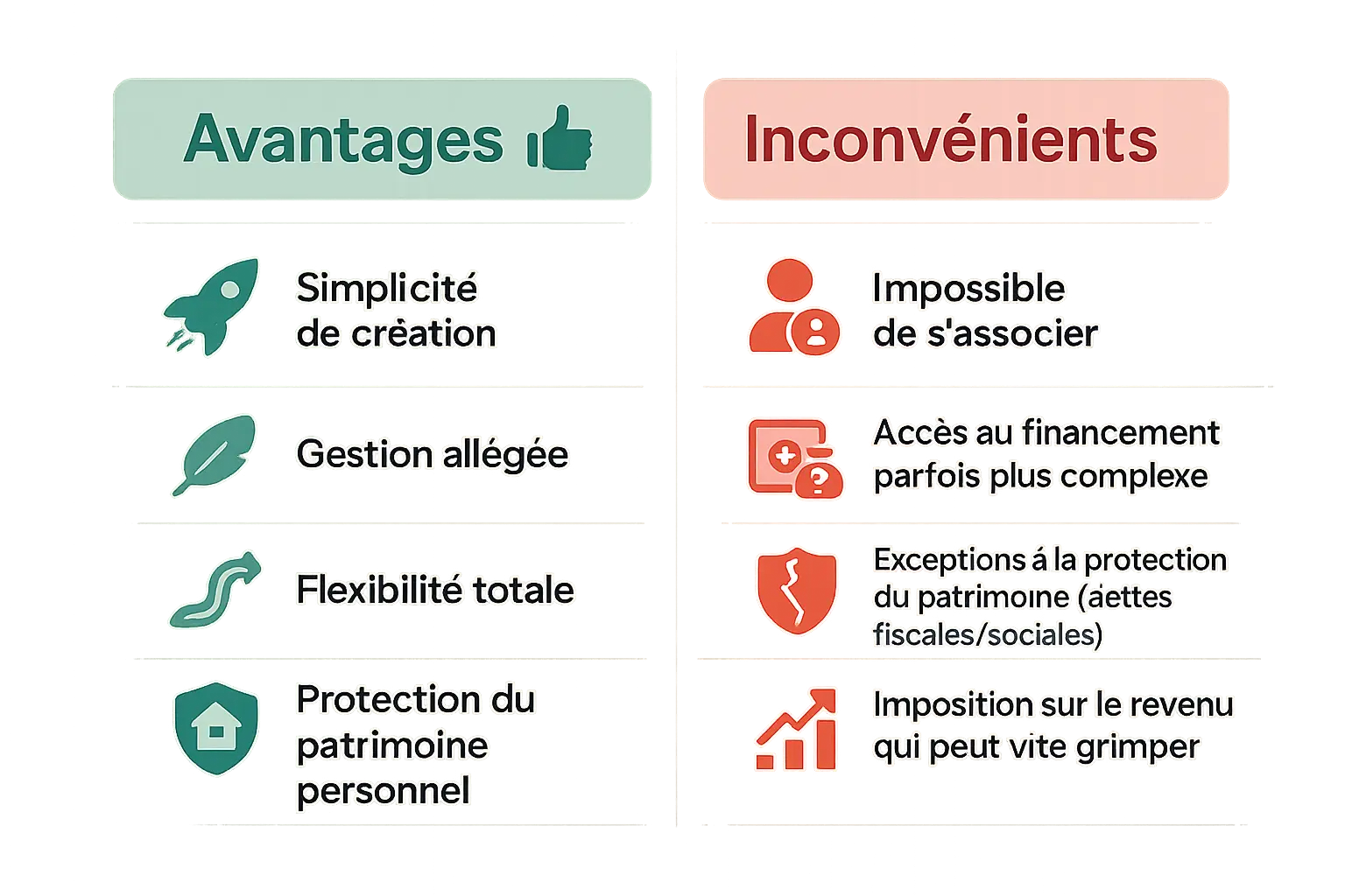 Illustration comparant <strong>avantages et inconvénients d'une affaire personnelle</strong> commerçant