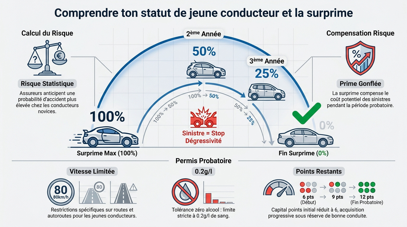 Jeune conducteur consultant son contrat d'assurance auto pour comprendre la surprime