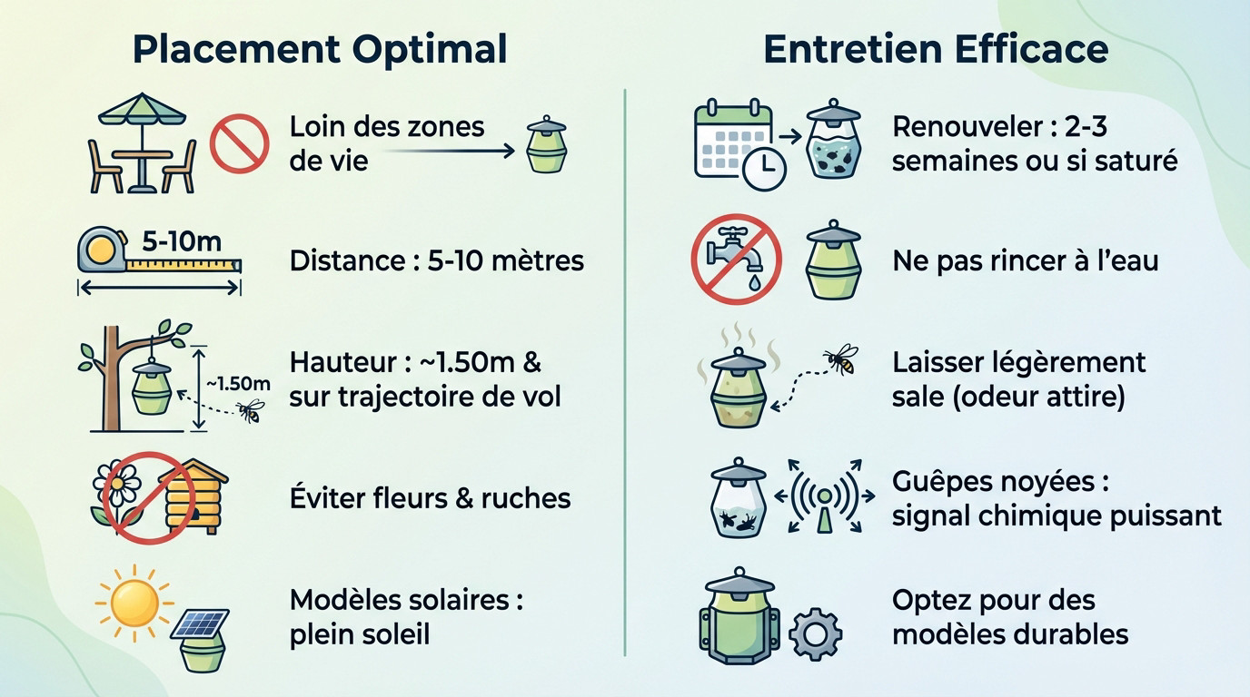 Schéma illustrant la distance et la hauteur idéales pour placer un piège à guêpes loin de la table