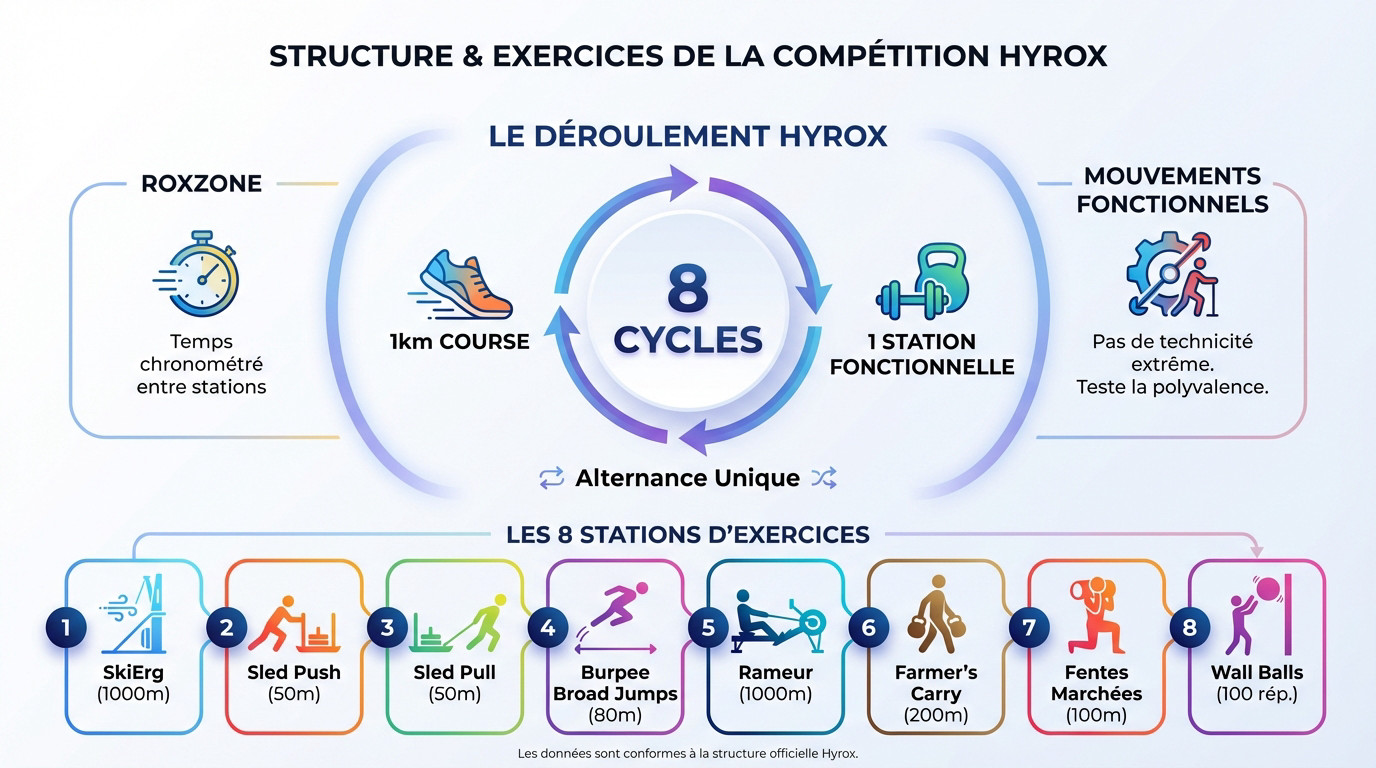 Schéma explicatif du déroulement d'une course Hyrox alternant 1km de run et 8 stations d'exercices