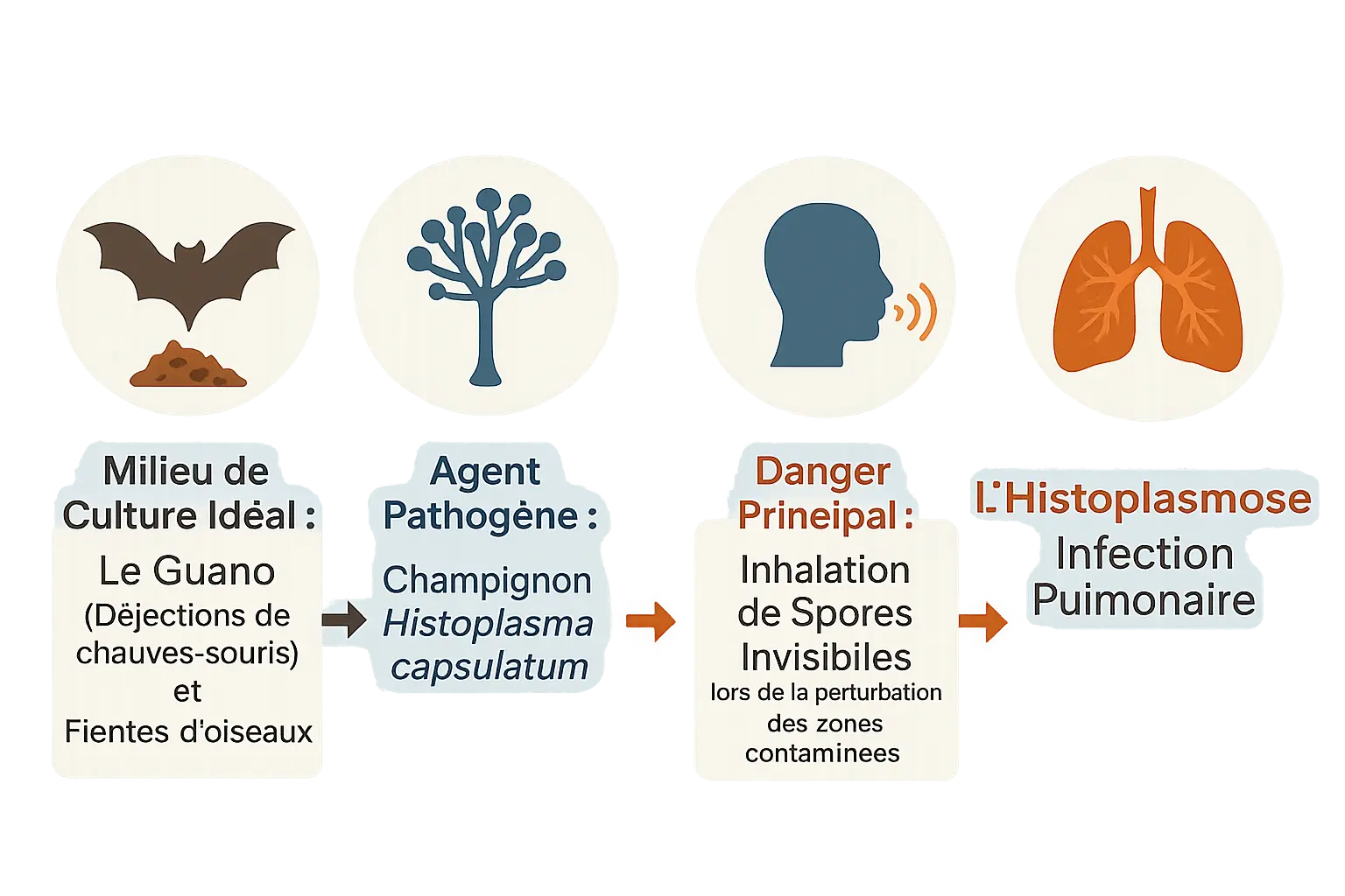 Schéma montrant le lien entre guano, spores et infection pulmonaire