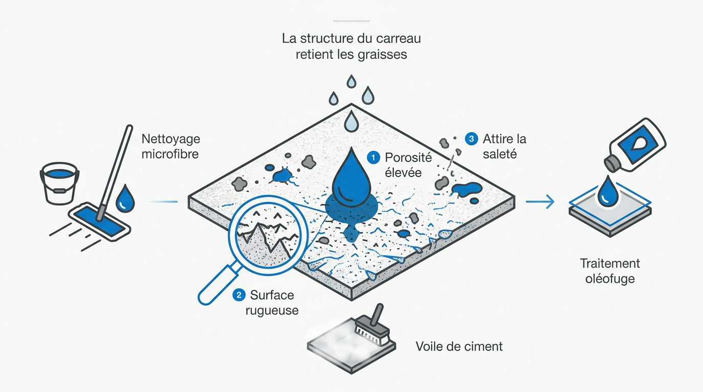 Schéma expliquant la porosité du carrelage mat et les solutions d'entretien