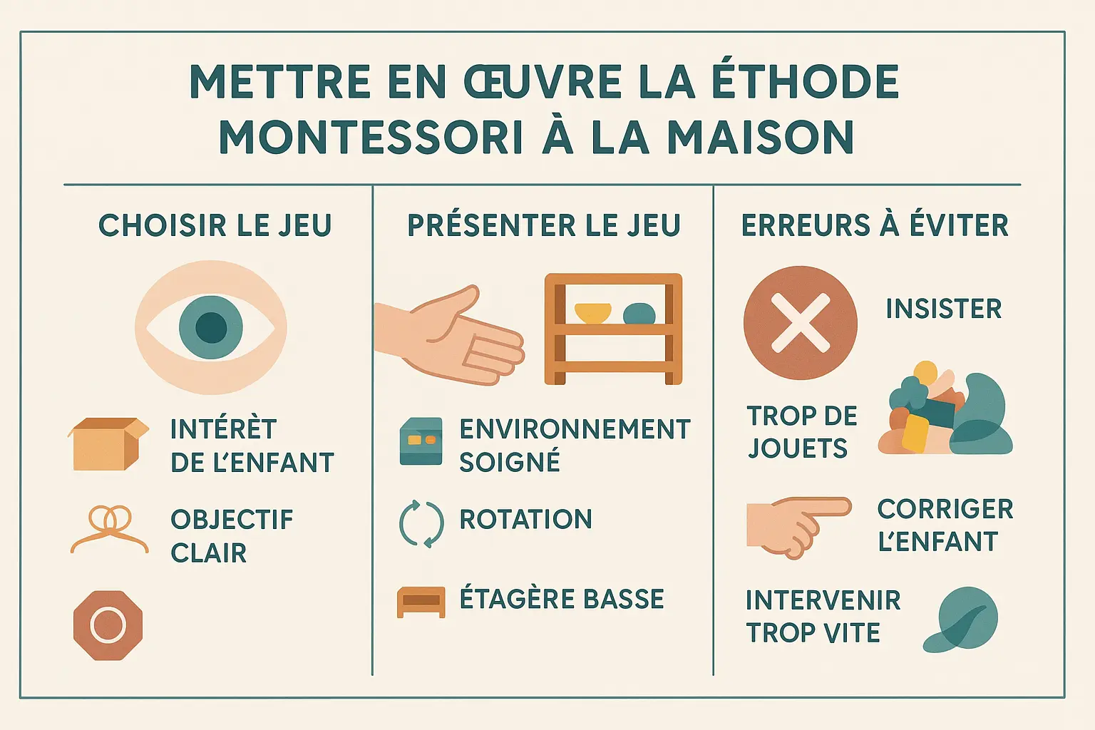 Illustration d'un enfant jouant avec des jeux Montessori sur une étagère à sa hauteur