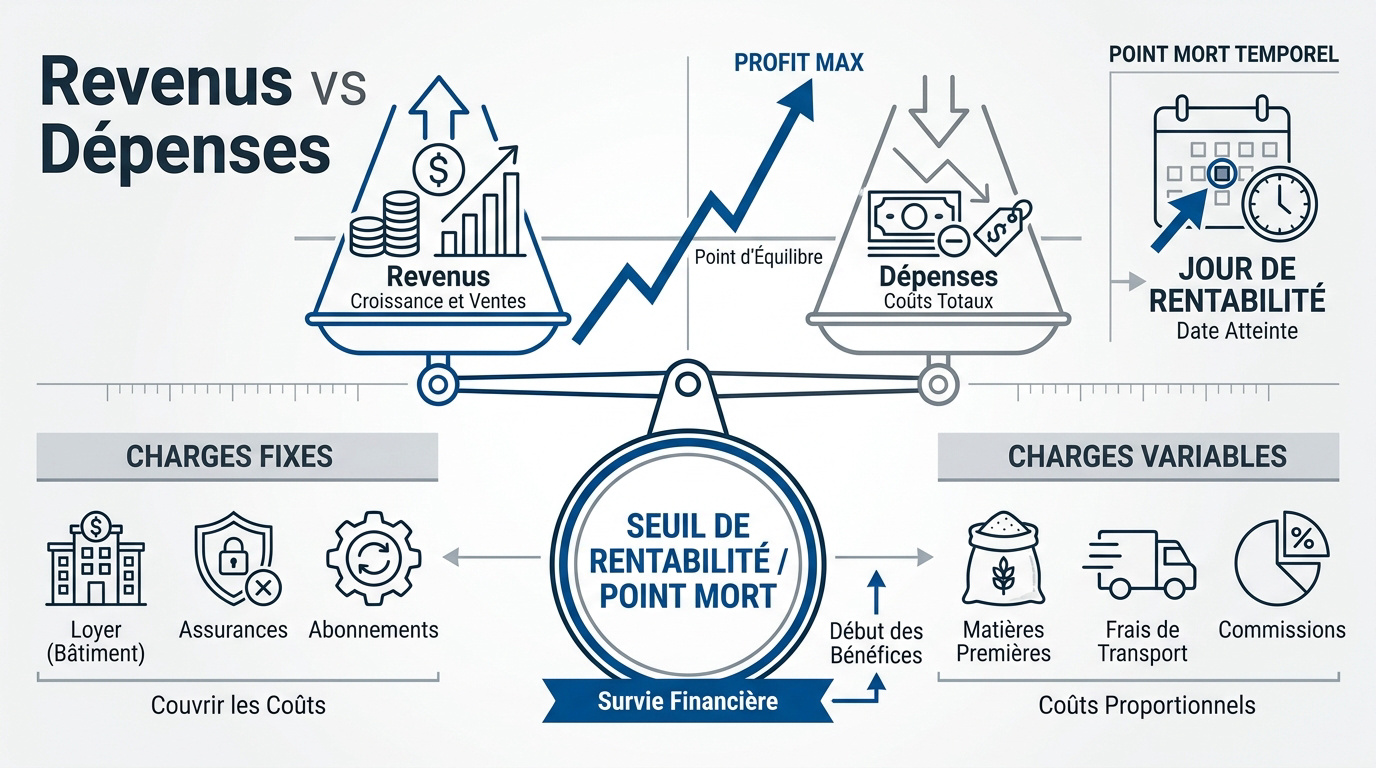 Infographie expliquant l'équilibre entre les revenus et les dépenses pour atteindre le seuil de rentabilité