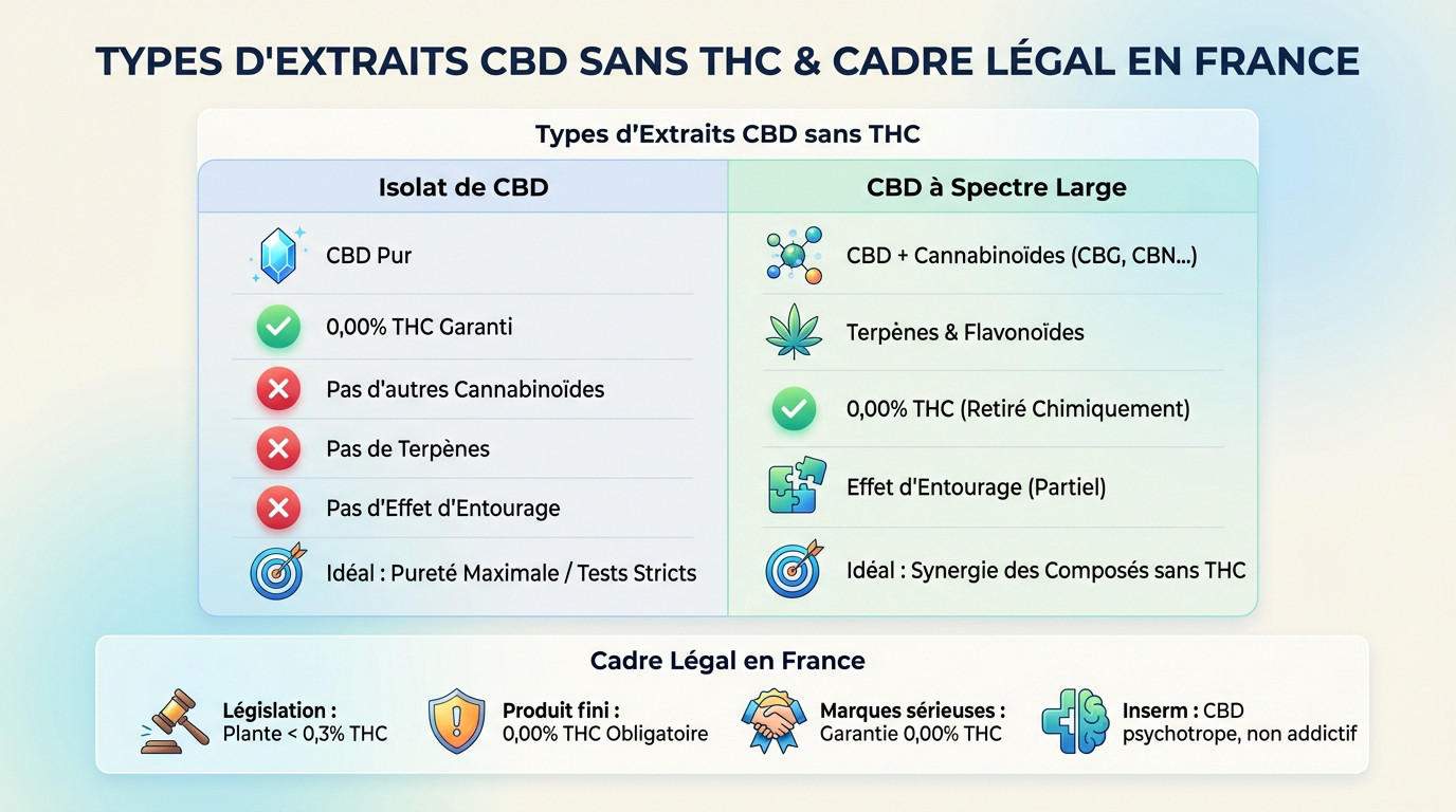 Schéma explicatif des différences entre isolat de CBD et spectre large sans THC avec rappel du cadre légal français