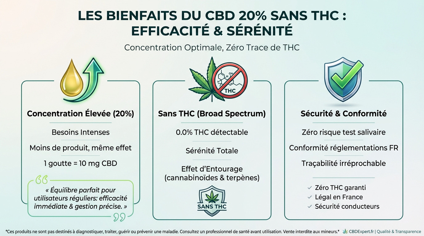 Flacon d'huile CBD 20% sans THC illustrant efficacité et sérénité