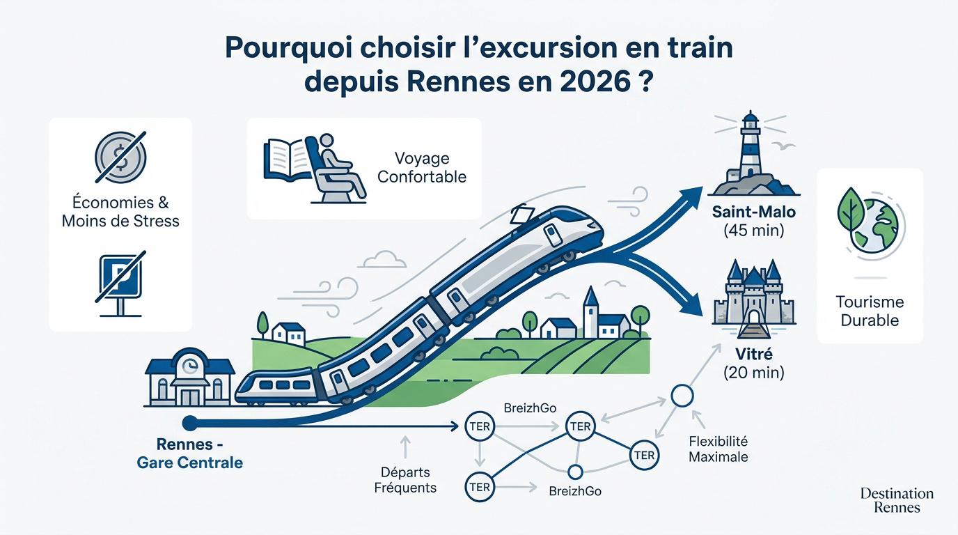 Voyageurs en gare de Rennes profitant du réseau TER breton pour une excursion durable