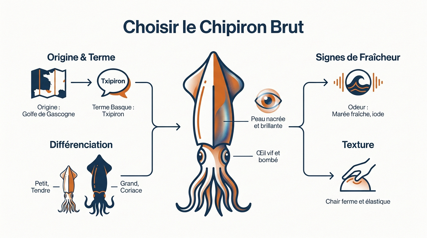 Chipirons frais à la peau brillante et nacrée sur un étal