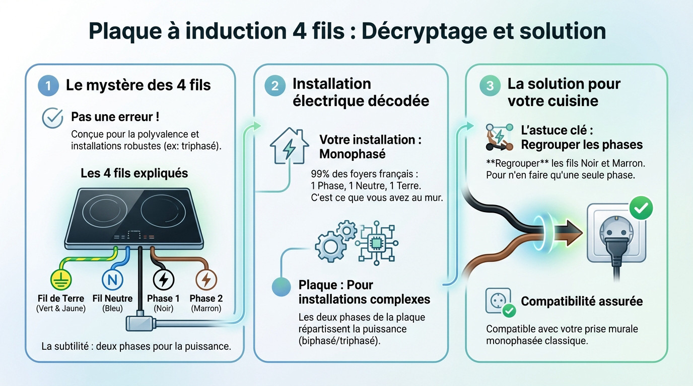 Schéma de câblage pour plaque à induction 4 fils avec identification des phases et du neutre