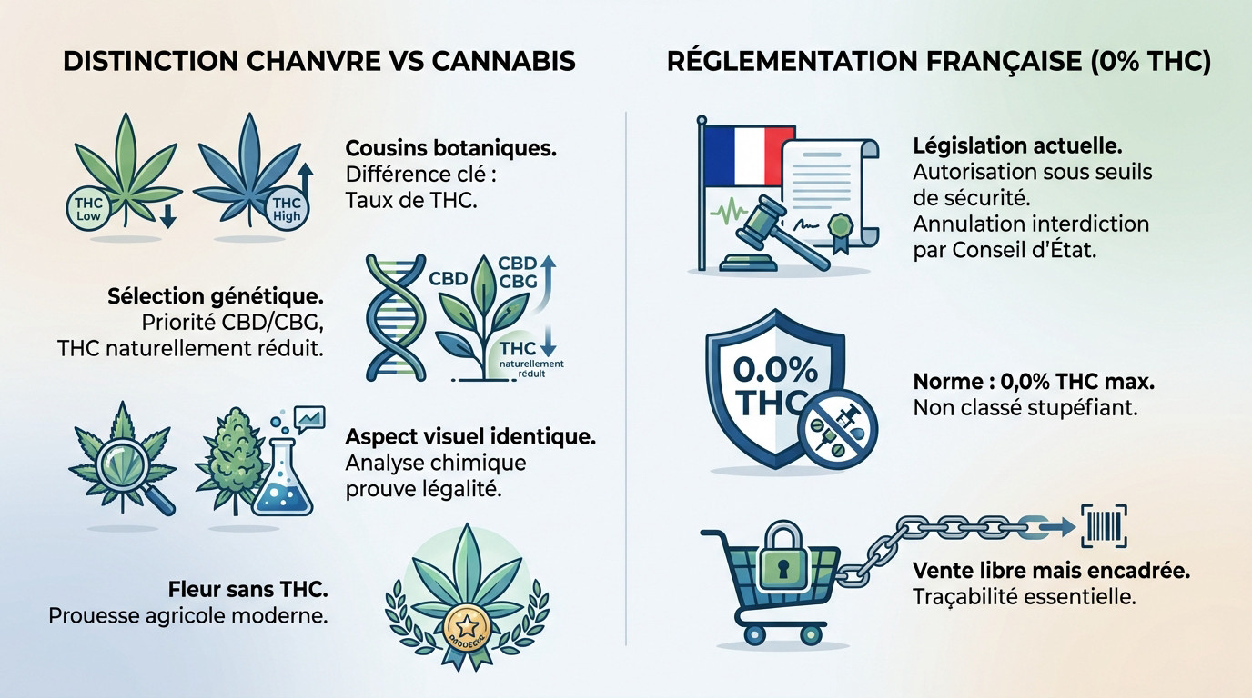 Schéma expliquant la distinction entre chanvre et cannabis ainsi que la réglementation française sur le THC