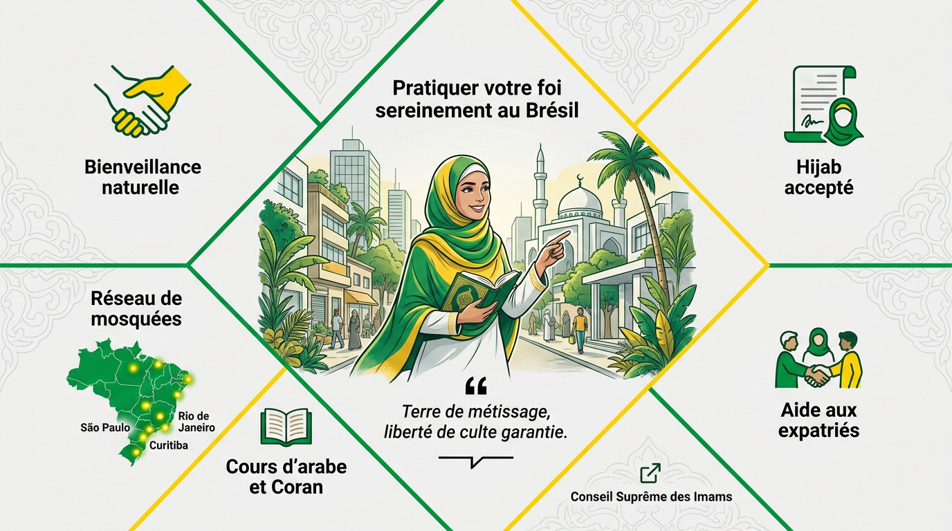 Femme voilée souriante dans une rue commerçante au Brésil symbolisant l'intégration de l'Islam au Brésil