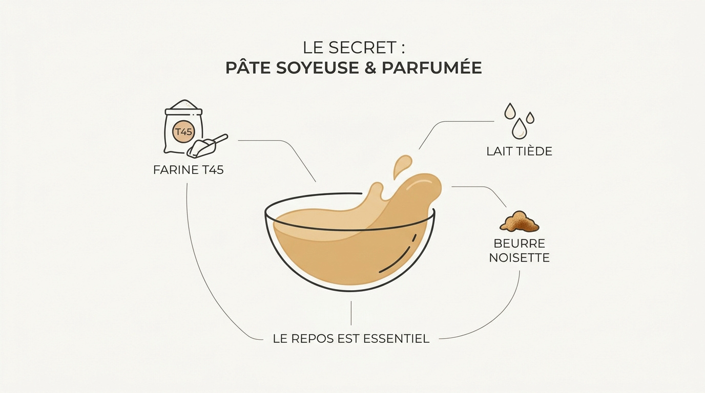 Pâte à crêpes onctueuse au beurre noisette versée dans une poêle chaude