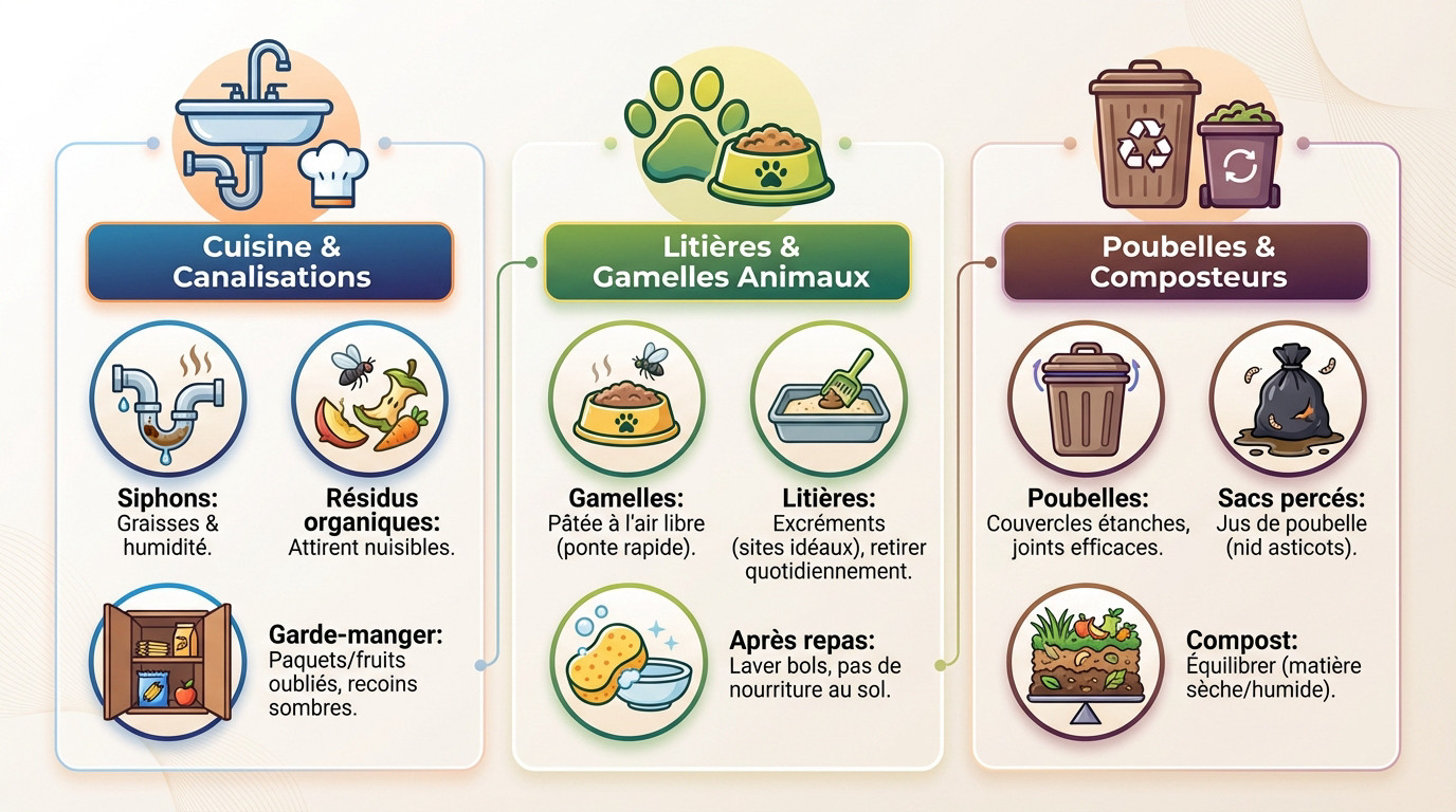 Foyers de ponte des larves de mouches dans une cuisine et un jardin